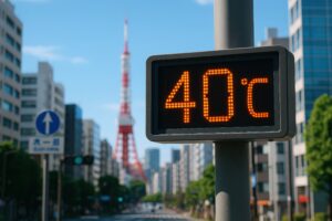 東京タワーと40℃を示す温度表示板