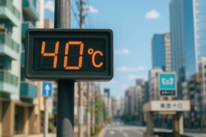 都内の40℃表示と背景のビル群