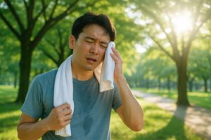 暑さで汗を拭くTシャツ姿の若い男性