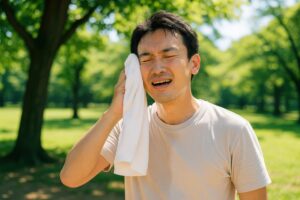 汗をかきながらタオルで顔を拭く男性