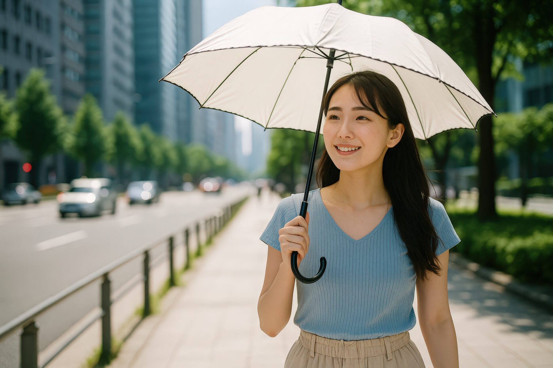 日傘をさして夏の街を歩く若い女性