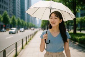 日傘をさして夏の街を歩く若い女性
