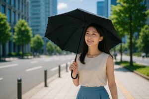 日差しの中を黒い日傘で歩く笑顔の女性