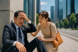 暑さで具合の悪い男性を心配する女性