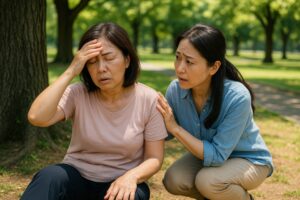公園で具合の悪そうな中年女性を支える女性