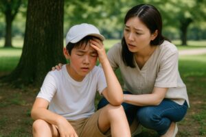 熱中症の症状でうずくまる男の子と心配する女性