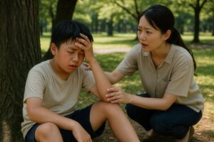 頭を押さえる少年を心配そうに見守る女性
