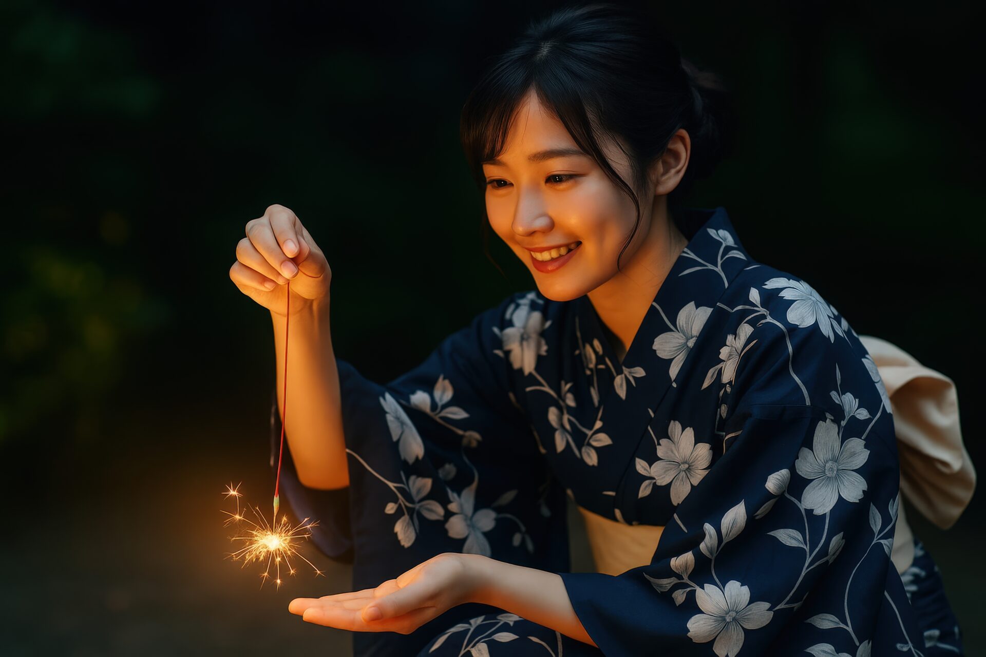 浴衣姿で線香花火を楽しむ笑顔の若い女性