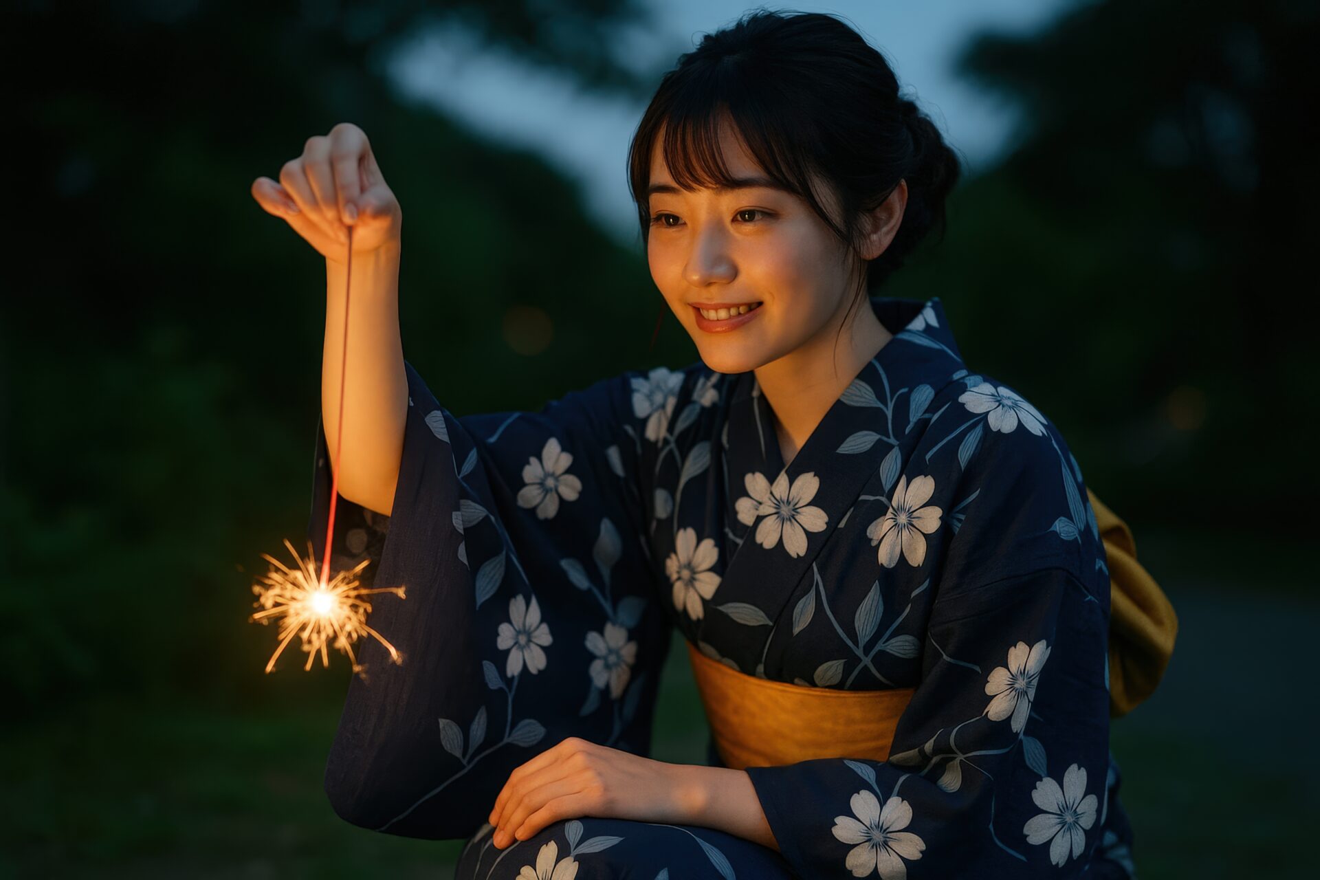夕暮れの屋外で線香花火を楽しむ浴衣の女性