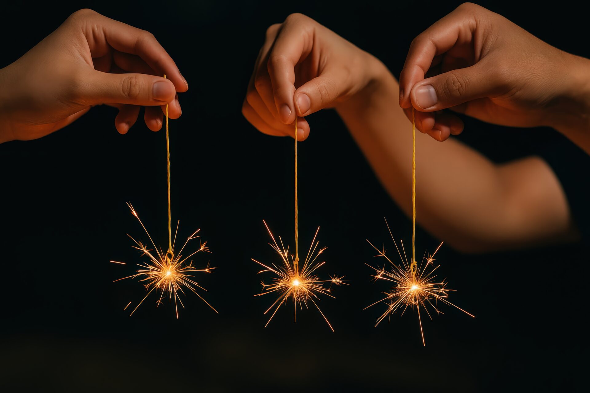 暗闇の中で手に持たれた3本の線香花火