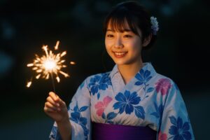 浴衣姿で手持ち花火を楽しむ笑顔の若い女性