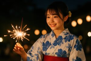 夏祭りの夜に手持ち花火を楽しむ若い女性