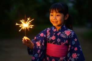 浴衣姿で花火を見つめる笑顔の女の子