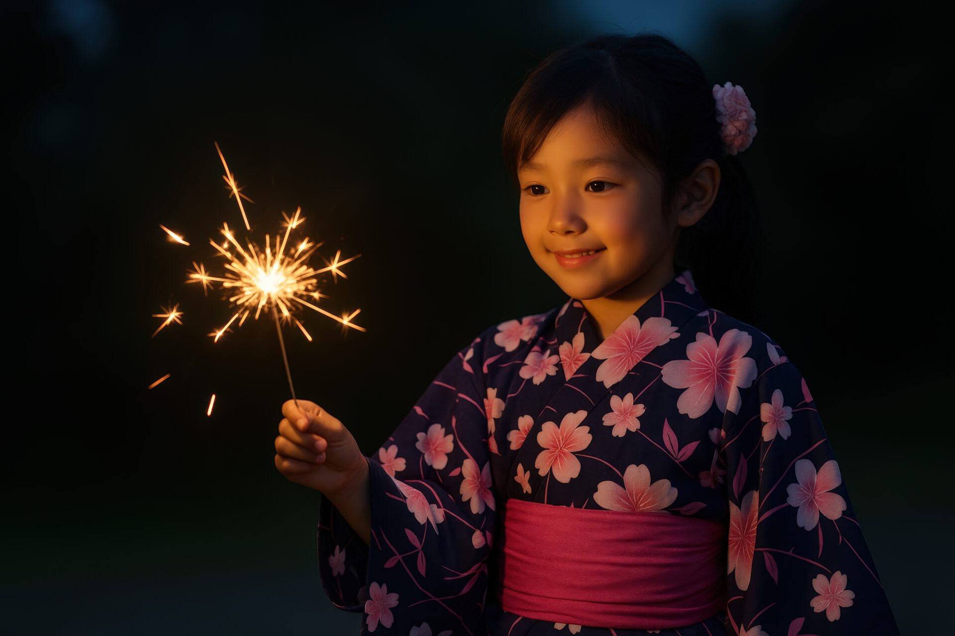 暗がりの中で花火を楽しむ浴衣姿の女の子