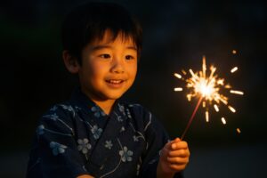 浴衣姿で手持ち花火を見つめる男の子