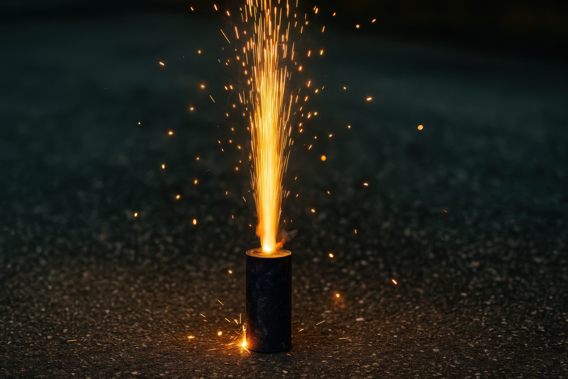 夜の道路で噴き上がる噴出花火のクローズアップ