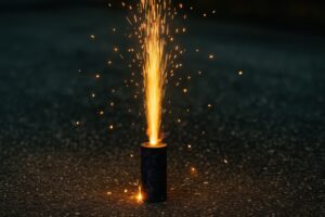 夜の道路で噴き上がる噴出花火のクローズアップ