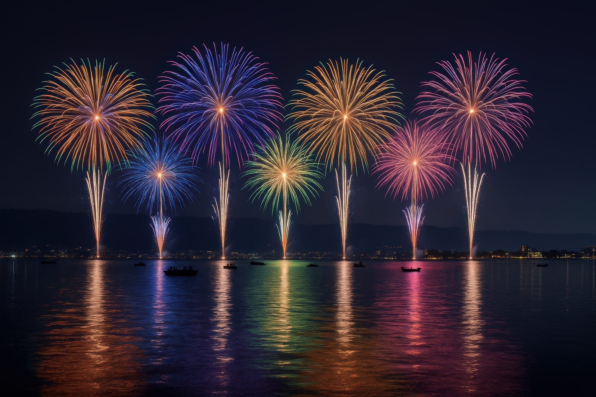 湖上でカラフルに咲く打ち上げ花火の群れ