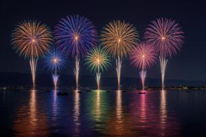 湖上でカラフルに咲く打ち上げ花火の群れ
