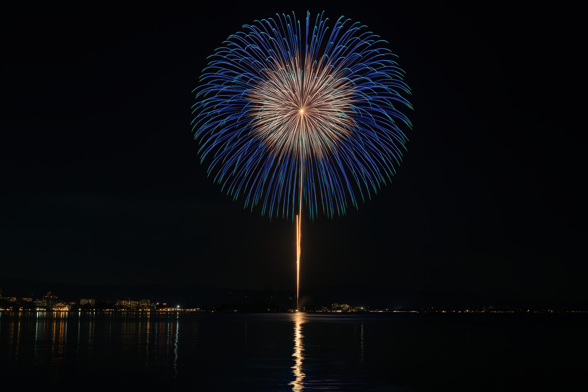 夜空に開いた巨大な単発の打ち上げ花火