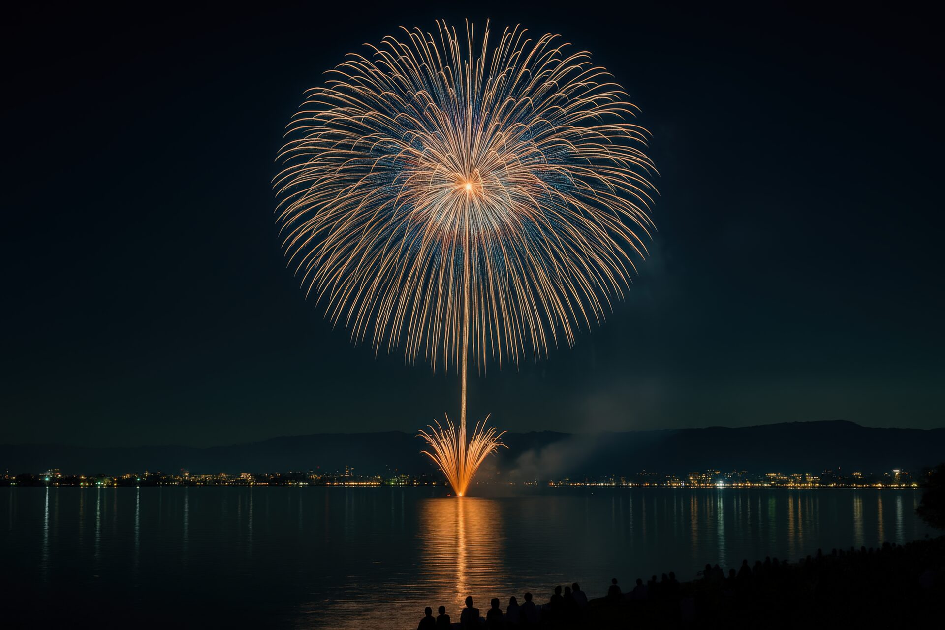 湖面に映る大輪の打ち上げ花火と夜景
