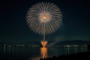 湖面に映る大輪の打ち上げ花火と夜景