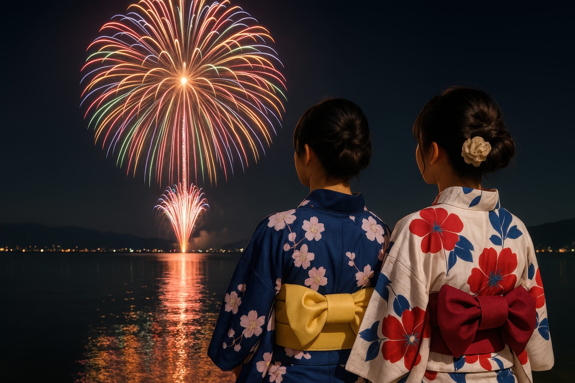 浴衣姿の少女2人が花火を見上げる後ろ姿