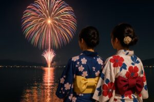 浴衣姿の少女2人が花火を見上げる後ろ姿