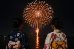 夜空の大輪花火を見つめる浴衣の少女たち
