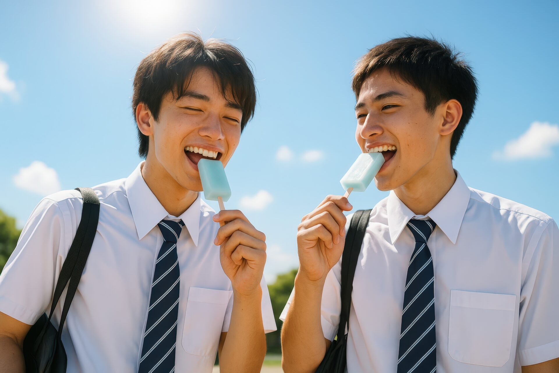 青空の下でアイスを食べて笑い合う男子高校生2人