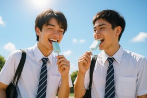 青空の下でアイスを食べて笑い合う男子高校生2人