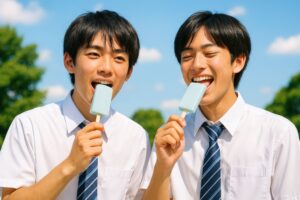 青空の下でアイスを食べる笑顔の男子高校生2人