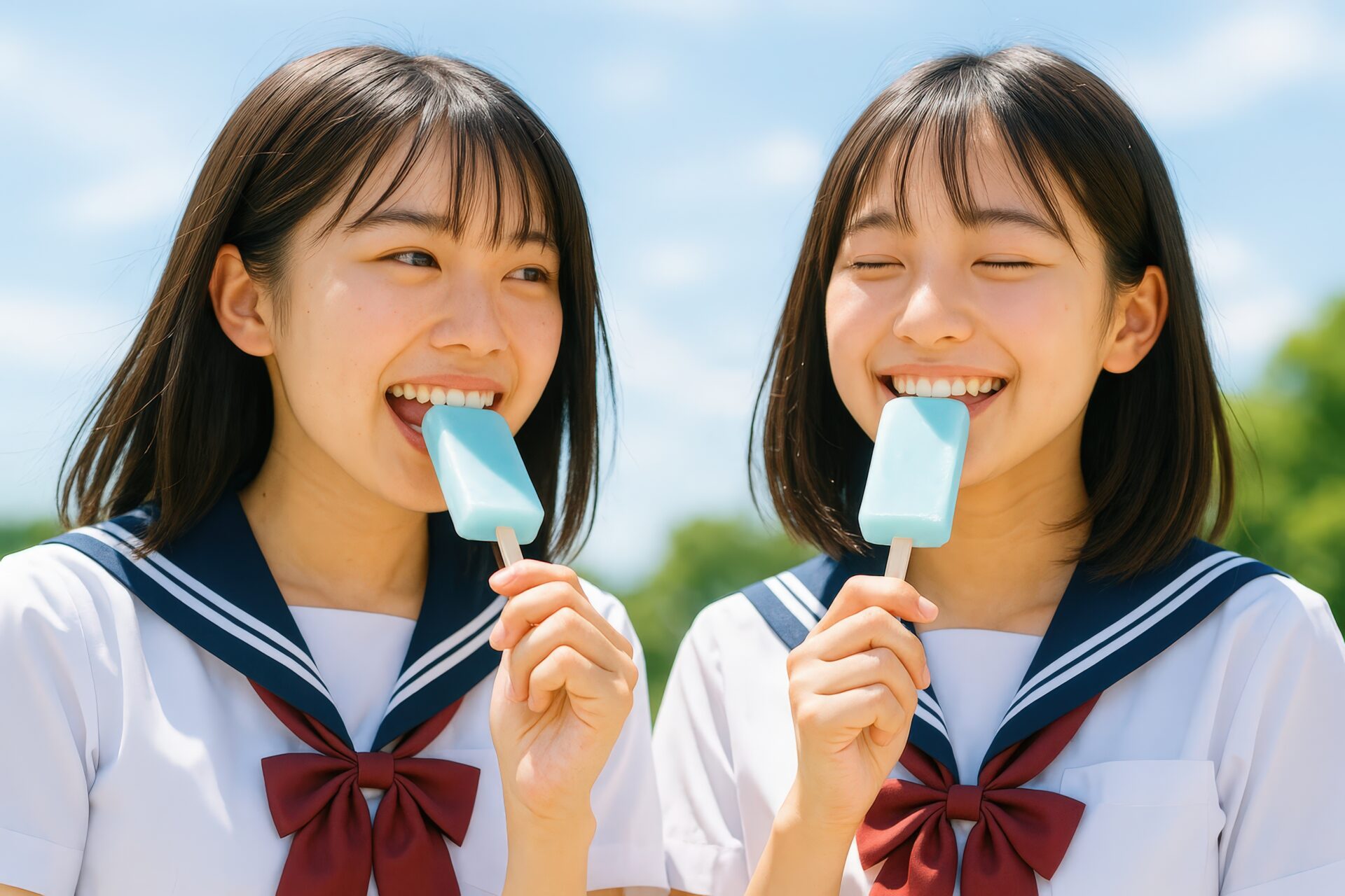 制服姿でアイスを食べて笑い合う女子学生2人