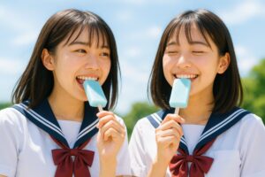 制服姿でアイスを食べて笑い合う女子学生2人