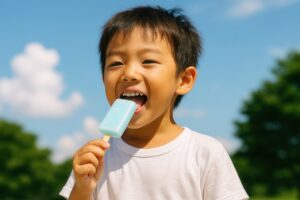 アイスを嬉しそうに食べる笑顔の男の子