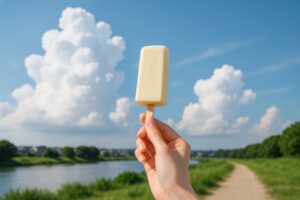 入道雲とバニラアイスを持つ手元の構図