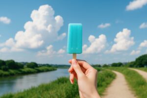 夏空と青いアイスキャンディーを持つ手元