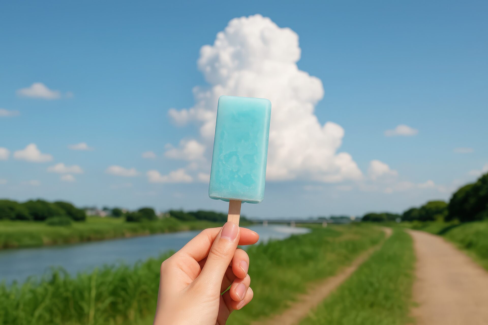 入道雲の前でアイスキャンディーを掲げる手元