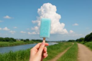 入道雲の前でアイスキャンディーを掲げる手元