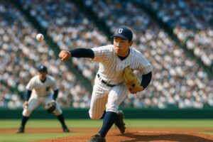 高校野球の試合で力強く投球する高校球児