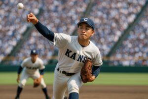白いユニフォームの高校球児が投球する瞬間