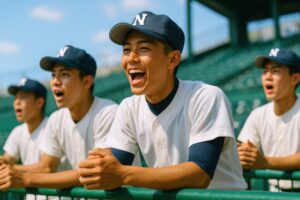 ベンチから声援を送る笑顔の高校球児たち