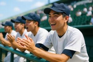 真剣な表情で応援する高校野球部のベンチメンバー