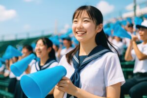 青空の下で応援するセーラー服の女子高校生
