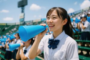 メガホンを手に声援を送る女子高校生