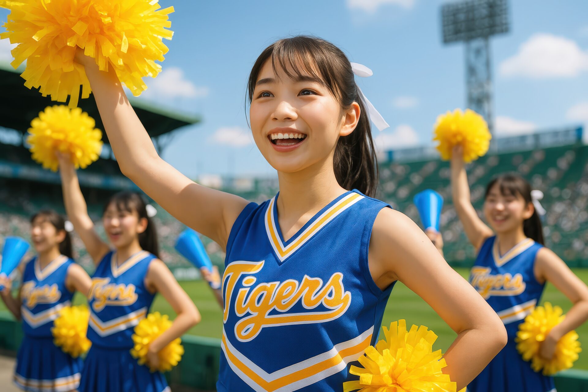 グラウンドでポンポンを持ち笑顔で応援するチアリーダー
