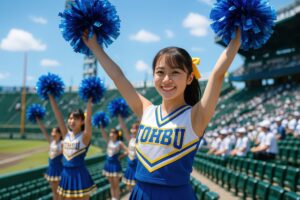 スタンドで笑顔でポンポンを掲げる女子チアリーダー