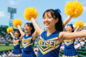 黄色いポンポンを掲げて応援する女子高校生チア