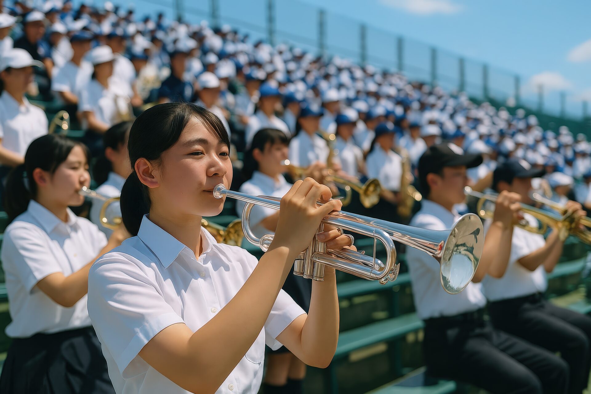 吹奏楽部の高校生たちが応援演奏するスタンドの風景
