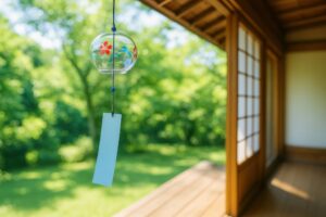 縁側に吊るされた風鈴と新緑の庭
